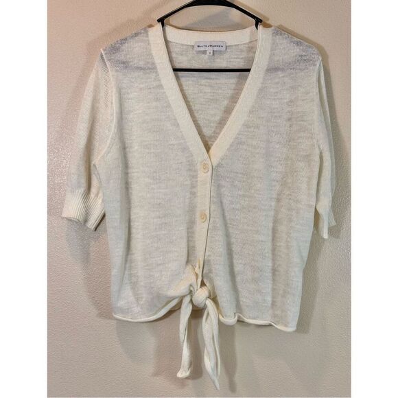 White + Warren Ivory Short Sleeve Button Up Front Tie Cardigan Women's Small - Picture 1 of 10